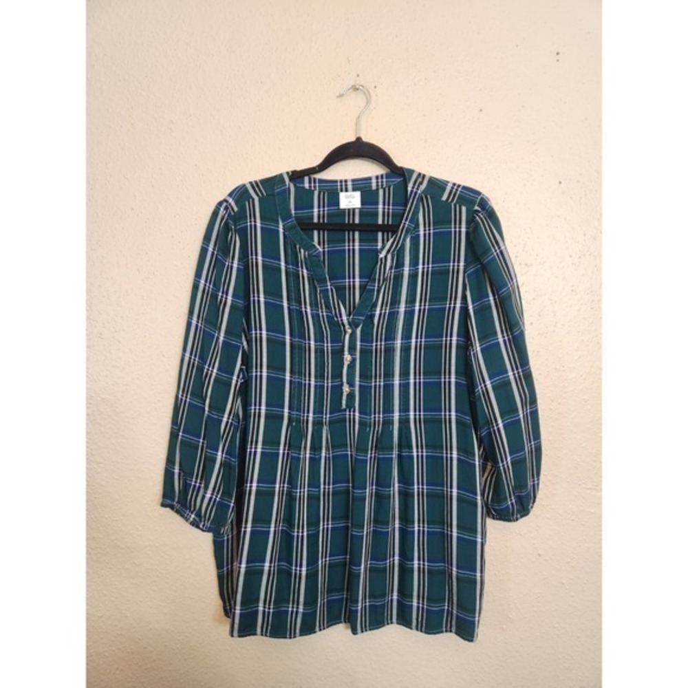 Croft& Barrow Women's Green White Plaid Half Button Puff Sleeve Blouse Size XL